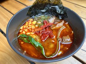 Spicy ramen soup...TOO SPICY!! 😕  at Ramen Ria  in Christchurch