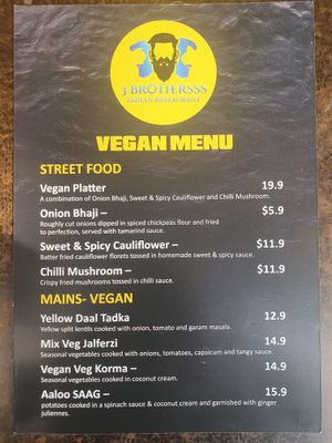 Vegan Menu - 3 Brothersss Indian Restaurant  at 3 Brothersss in Melbourne