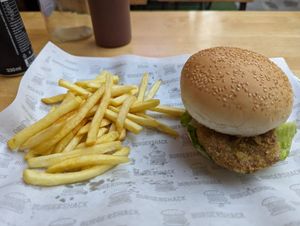 Seitan burger with fries at Burgershack in Phnom Penh