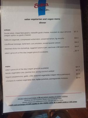 Veggie/vegan menu as at Sep 2024 at Salsa Bar and Grill in Port Douglas