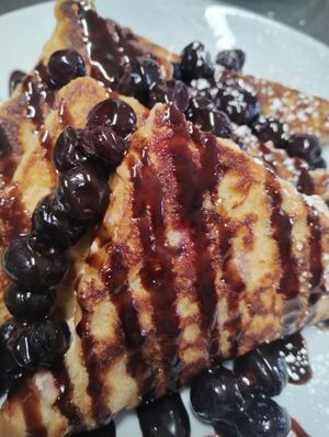 Vegan french toast with blueberries and chocolate at Cafe Chambers in Canterbury