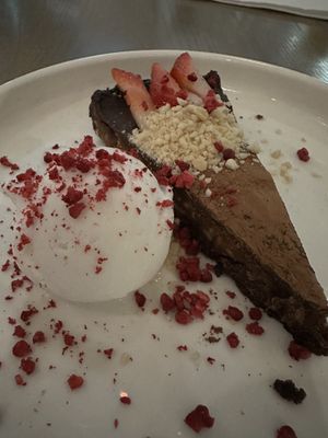 Chocolate and salted caramel tart with peanuts and coconut sorbet   at east in Auckland