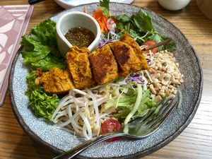 Vietnamese noodle salad with satay skewer   at east in Auckland