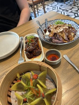 the mushroom and truffle dumplings, shitaake mushrooms, and aubergine/eggplant main  at east in Auckland