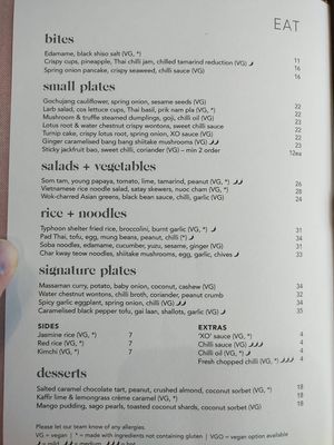 A la carte menu at east in Auckland