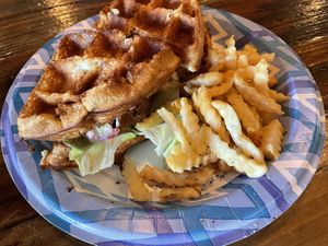 “Chicken” and Waffle breakfast  at Sky Cafe in South San Francisco