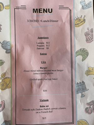 Menu at Sky Cafe in South San Francisco