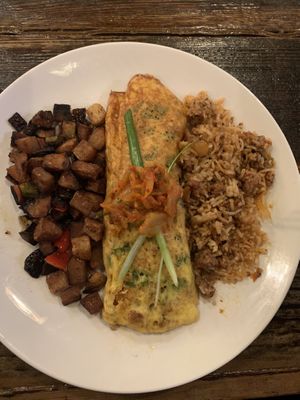 Kimchi omelette with fried rice and potatoes —so great  at Sky Cafe in South San Francisco