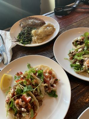 “Beef” and “carnitas” tacos along with vegan fried “chicken” served with greens and mashed potato at Sky Cafe in South San Francisco