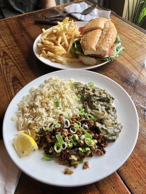 The BLT and Filipino dish: sisig and laing with rice at Sky Cafe in South San Francisco