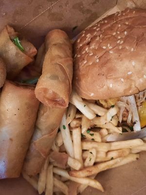 Egg Rolls, USA Burger and Fries at Sky Cafe in South San Francisco