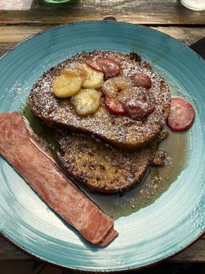 Vegan French Toast w/3 Slices of Vegan Bacon 😛  at Sky Cafe in South San Francisco