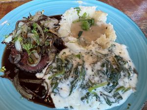 FILET MIGNON, mashed potatoes and greens  at Sky Cafe in South San Francisco