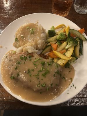 Fried “chicken,” mashed potatoes, and steamed veggies   at Sky Cafe in South San Francisco