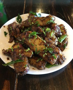 Urulai Melagu Perattal (appetizer). Similar to the Urulai Roast appetizer but prepared differently. Excellent and filling. at Kumar's Minneapolis in Apple Valley