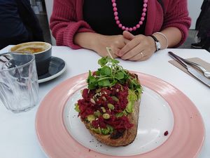 sourdough, avo, beetroot hummus at Pink Neon Sign in Auckland