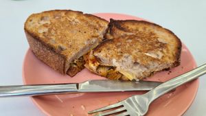 Kimchi and cheese toast so good! at Pink Neon Sign in Auckland
