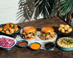 ... The Hogless Rolls, Dirty Hash Browns, Homemade Fresh and Tangy Coleslaw, Vegan Mac n Cheese at The Hogless Roast in East London