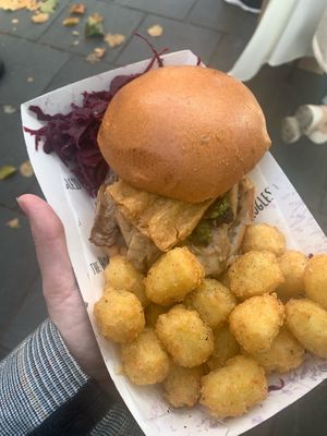 Hogless roast and hash browns at street food market  #Veganuary at The Hogless Roast in East London