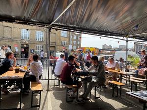 Outdoor seating at The Hogless Roast in East London
