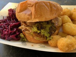 Hogless burger with hash browns & cabbage   at The Hogless Roast in East London