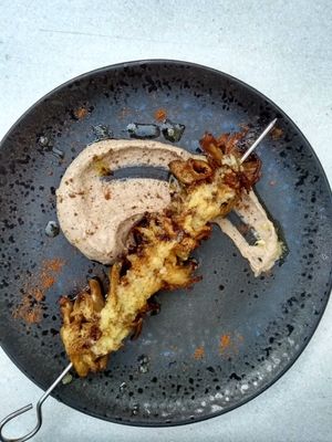 Oyster mushroom kebab with hummus at SITE x supernature in East London