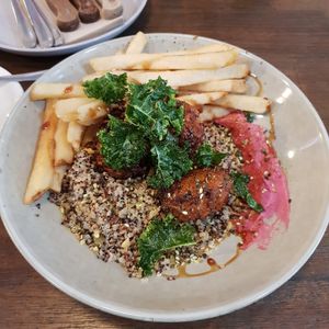 Gluten free vegan version of "The Fritters" plus side of chips at Toast in Pambula