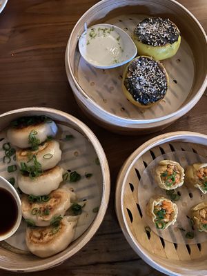 Top right(shrimp ahumado), top left(carrot black sesame bao), bottom(spicy tofu potstickers) at Minty Z in Coconut Grove