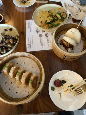 Miso potstickers, fried mushrooms, Brussels sprouts, salad at Minty Z in Coconut Grove