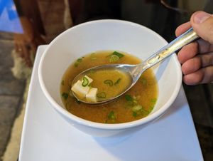 Miso soup. Comes with tofu pieces in it at Origami in Cuenca
