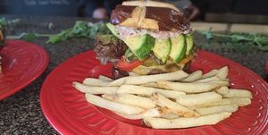 Vegan Truffle Burger with Truffle Fries at Crystals Soul Cafe in Los Angeles