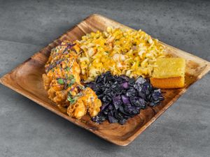 Shrimp Soul Plate with Smokey Sautéed Purple Cabbage,  Cajun Lobster Mac, and  Corncake at Crystals Soul Cafe in Los Angeles