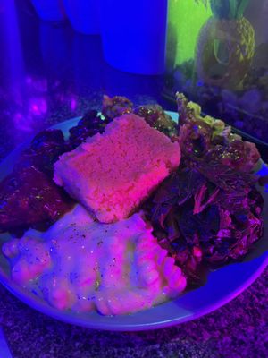 Lion’s Mane “rib” soul food plate. 😋  at Crystals Soul Cafe in Los Angeles
