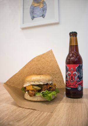 Jackfruit burger with vegan mayo, vegan cheese and pickles at New Wave Burgers in Sofia