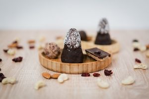 Variety of raw sweets. 
Vegan cliffs; cranberry and coconut balls, "Fake snickers" bar. at New Wave Burgers in Sofia