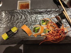 Vegan combination (half eaten oops) at Japanika in Holon