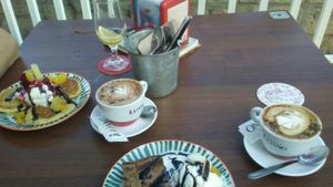 Vegan pancakes, luxious chocolate desserts and cappuccino! at Bliss Café in Tenerife