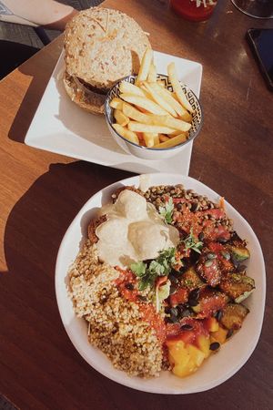 Falafel Buddha bowl and vegan burger  at Bliss Café in Tenerife