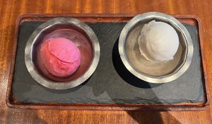 Hibiscus lime (pink) and lemongrass ginger (white) sorbet  at Sway Thai in West Lake Hills