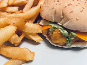 Fysh burger & chips … delivered to my door at The Green Lion in Marrickville