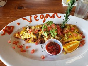 Outstanding vegan beef omelette with mushrooms, cheese, salsa, peppers and avocado at Chops & Eggs in Corpus Christi