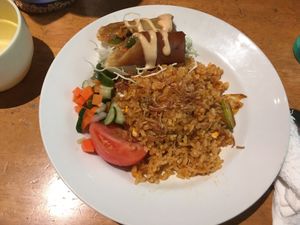 Vegetarian Nasi Goreng with Lumpia (Indonesian Spring Rolls) at Cabe Meguro in Tokyo