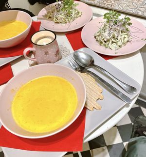 Soup and zucchini pasta to share  at Zdravo Ljubavi in Belgrade