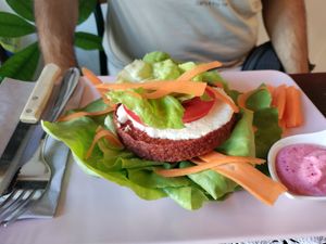Delicious sun-dried tomato flavored burger patty at Zdravo Ljubavi in Belgrade
