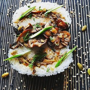 Onigirazu: Japanese sandwich with mushrooms and teriyaki sauce at Krapiva Food in Novosibirsk