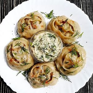 Handmade manty (Siberian dumplings), two variations: with potato filling and mushroom filling. Available as frozen semi-finished products. at Krapiva Food in Novosibirsk