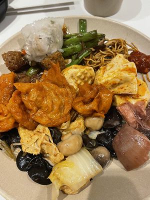 Buddhas delight, beans, dumplings, soy meat and Mapo tofu  at Paradise Veggie 樂園素食 in Hong Kong Island