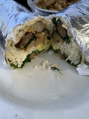 Burrito with spinach, vegan sausage, potatoes, and tons of vegan cheese  at Mama's Egg House in Idyllwild