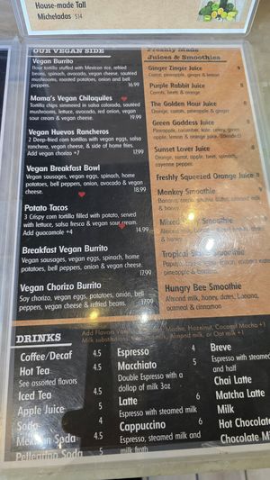 Vegan menu at Mama's Egg House in Idyllwild