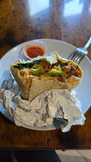 Vegan burrito with sauce at Mama's Egg House in Idyllwild